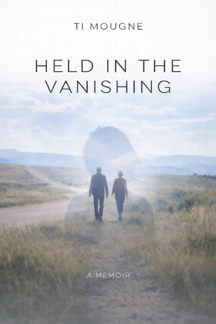 The cover of Held in the Vanishing — two figures walking a path into the mist.